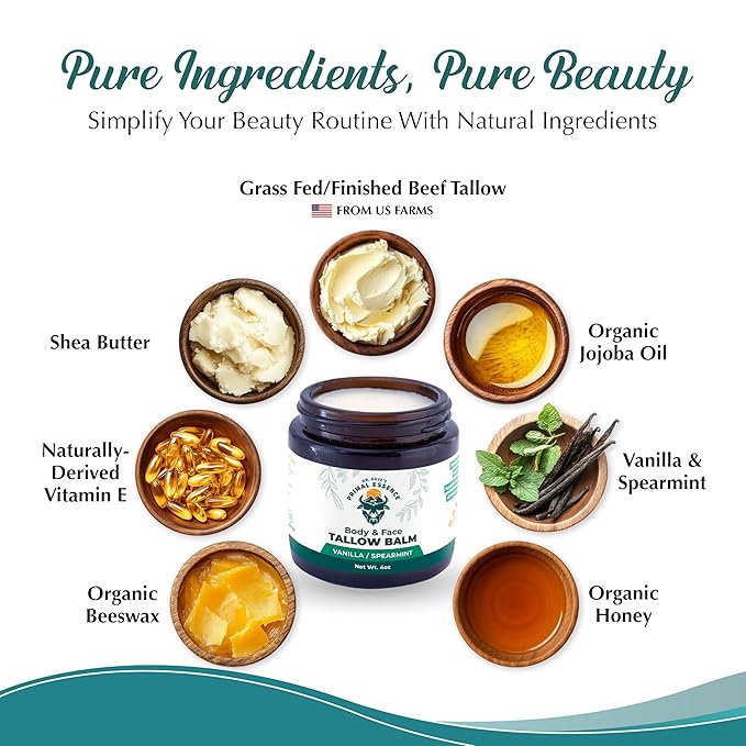 Dr. Dave's Primal Essence Grass Fed Beef Tallow Balm for Face and Body with Shea Butter, Organic Jojoba Oil, Honey, and Beeswax – Beef Tallow for Skin – Vanilla and Spearmint – 4 oz