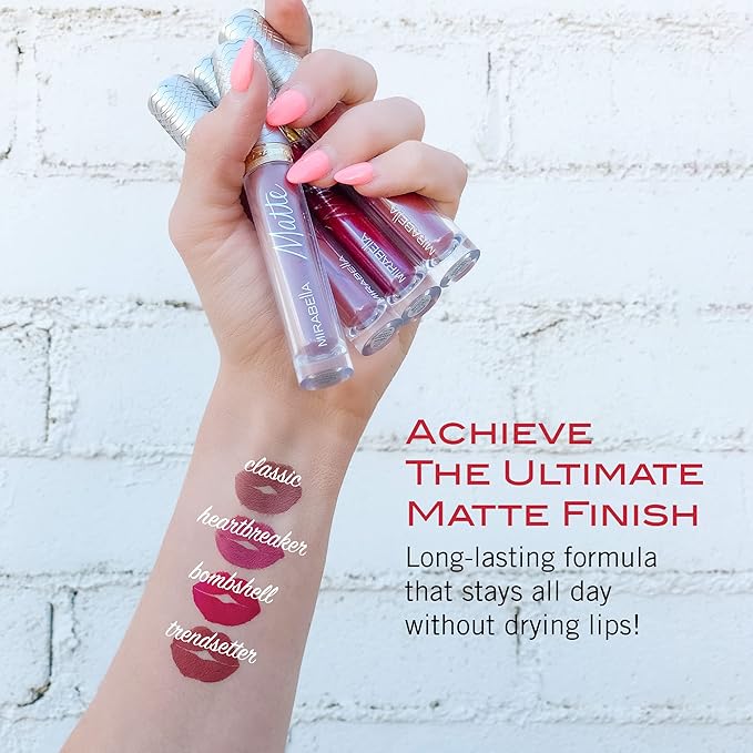 Mirabella Luxe Advanced Formula Matte Lip Gloss, Richly Pigmented Long-Wear and Full-Coverage Liquid Lipstick, Matte Lipstick for Women Stays Put and Won't Dry or Crack Lips, Classic