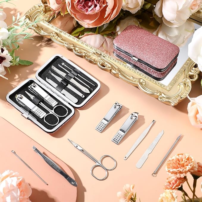 Geosar 50 Set Travel Manicure Kit Nail Clippers Pedicure Professional Nail Care Tools Stainless Steel Grooming Nail Set with Portable Travel Case Gifts for Family(Glitter Pink)