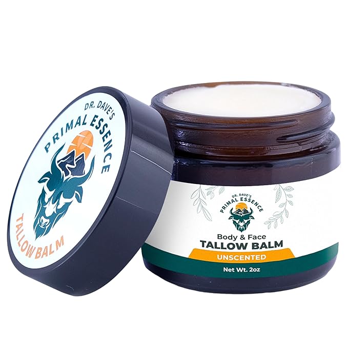 Dr. Dave's Primal Essence Grass Fed Beef Tallow Balm for Face and Body with Shea Butter, Organic Jojoba Oil, Honey, and Beeswax – Beef Tallow for Skin – Unscented Balm – 2 oz