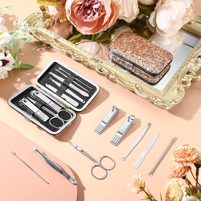 Geosar 50 Set Travel Manicure Kit Nail Clippers Pedicure Professional Nail Care Tools Stainless Steel Grooming Nail Set with Portable Travel Case Gifts for Family(Glitter Gold)