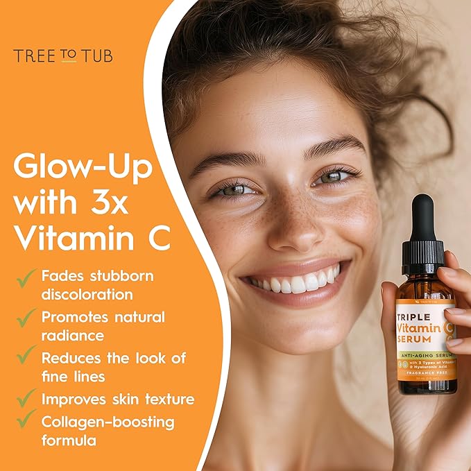 Tree To Tub Illuminating Vitamin C Serum - Triple Vitamin C Hydrating Serum for Face, Hyaluronic Acid - Maximum Anti-Aging Power Glow - Antioxidant for Dry, Sensitive Skin