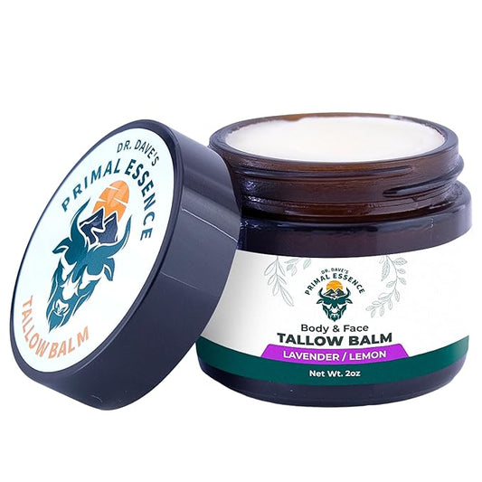 Dr. Dave's Primal Essence Grass Fed Beef Tallow Balm for Face and Body with Shea Butter, Organic Jojoba Oil, Honey, and Beeswax – Beef Tallow for Skin – Lavender and Lemon – 2 oz