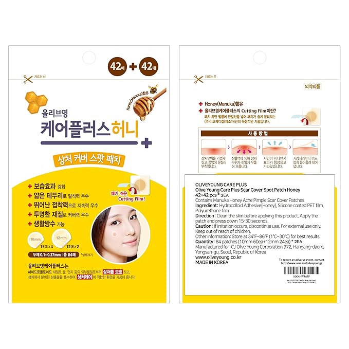 OLIVE YOUNG Care Plus Spot Patch | Hydrocolloid Acne Korean Spot Patch to Cover Zits, Pimples and Blemishes, for Troubled Skin and Face (Manuka Honey, 168 Count (Pack of 2))