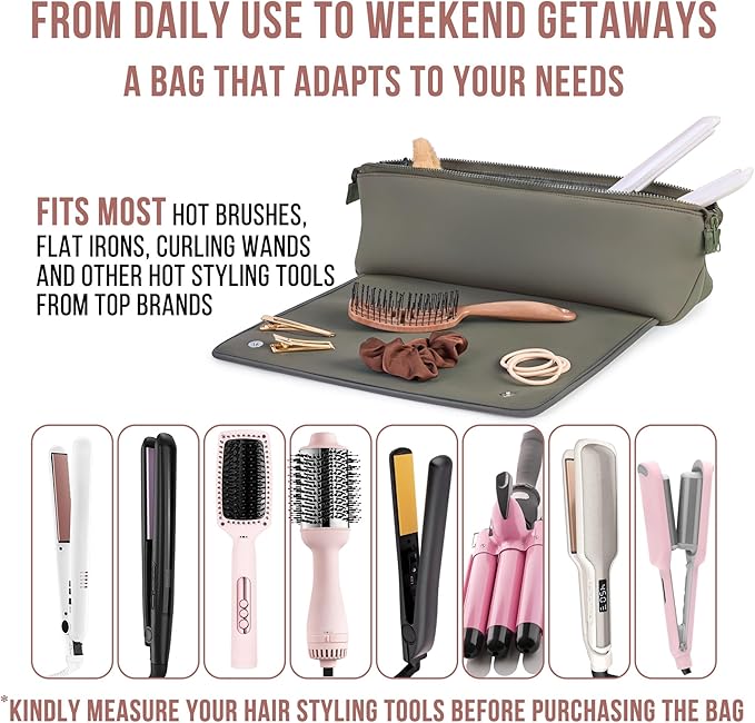 Hair Tools Travel Bag and Heat Resistant Mat for Flat Irons, Straighteners, Curling Iron, and Haircare Accessories, 2-in-1 design, with Interior Pockets, Portable Organizer