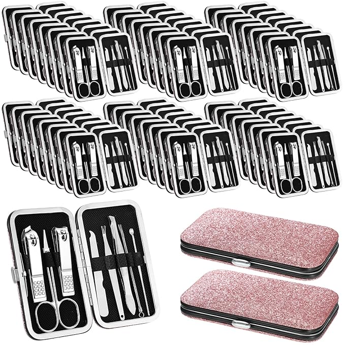 Geosar 50 Set Travel Manicure Kit Nail Clippers Pedicure Professional Nail Care Tools Stainless Steel Grooming Nail Set with Portable Travel Case Gifts for Family(Glitter Pink)