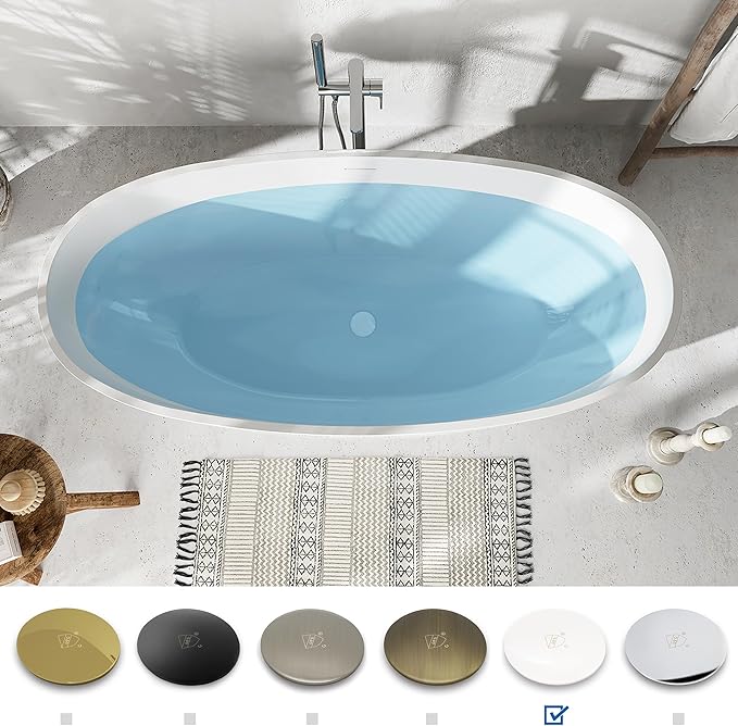 FerdY Tahiti 67" Freestanding Bathtub Elegant Oval Shape, Glossy White Double Walled Insulation bathtub with Center Polished White Drain & Overflow, cUPC Certified