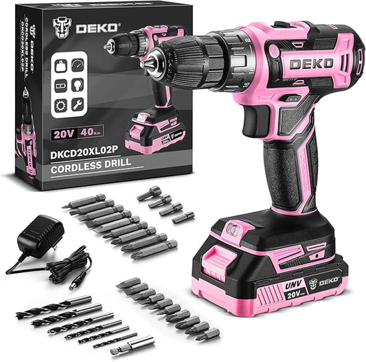Power Drill Cordless: DEKO PRO Pink Cordless Drill 20V Electric Power Drill Set Tool for Women Drills with Battery and Charger 20 Volt Drills Driver Kit