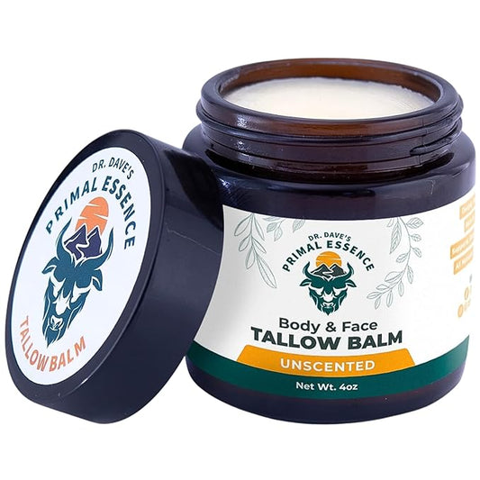 Dr. Dave's Primal Essence Grass Fed Beef Tallow Balm for Face and Body with Shea Butter, Organic Jojoba Oil, Honey, and Beeswax – Beef Tallow for Skin – Unscented Balm – 4 oz