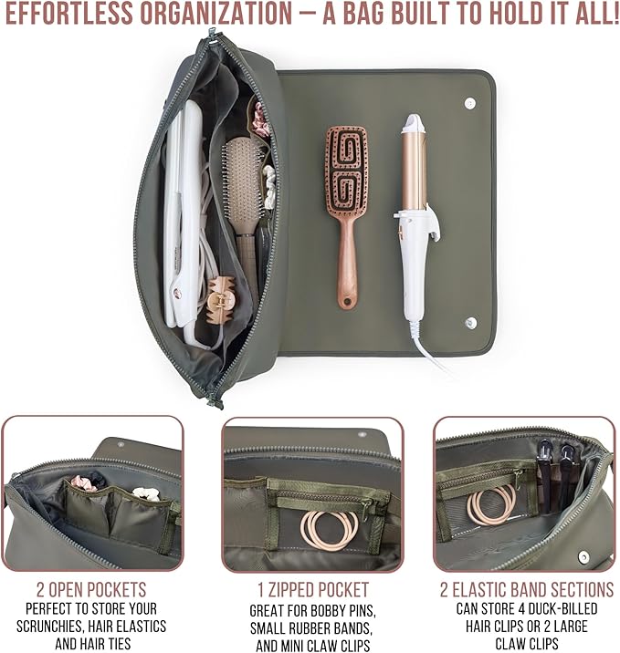 Hair Tools Travel Bag and Heat Resistant Mat for Flat Irons, Straighteners, Curling Iron, and Haircare Accessories, 2-in-1 design, with Interior Pockets, Portable Organizer