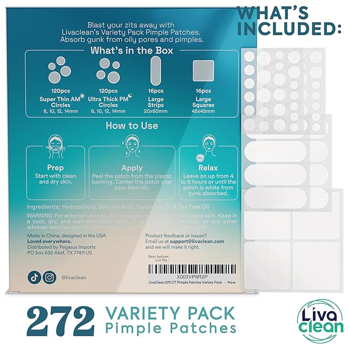 272 CT Large Pimple Patches for Face - Variety Pack Zit Patches w/ Salicylic Acid, Tea Tree, Calendula Oil - Pimple Patches Large Acne Patches for Face and Body - Dark Spot Patches