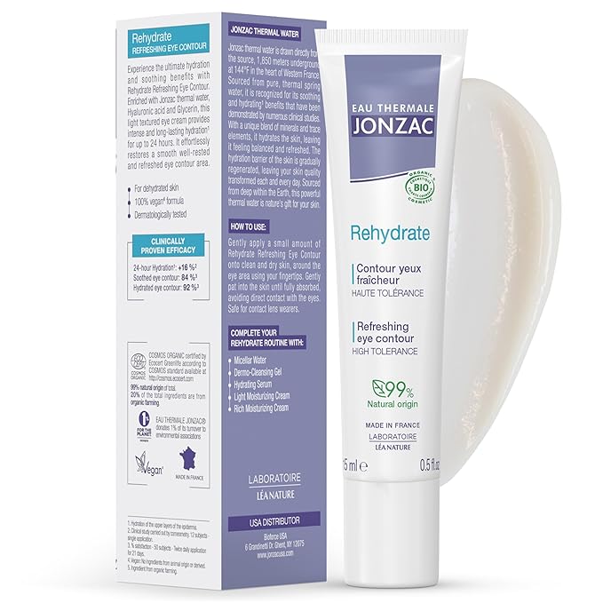 Rehydrate Organic Refreshing Eye Contour Cream - Soothing Hydration with Hyaluronic Acid For Dark Circles -For Sensitive Skin 0.5 Fl Oz
