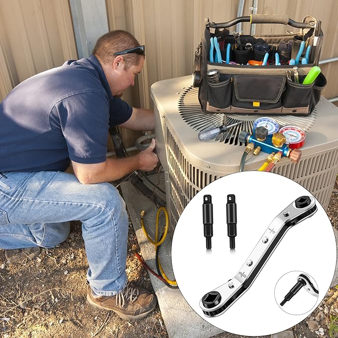 Hvac Service Wrench Tools:3/16” to 3/8” 5/16'' x 1/4''Air Conditioner Valve Ratchet Wrench with 2 Hexagon Bit Adapter Kit for Air Refrigeration Tools and Equipment Repair Tools Clearance