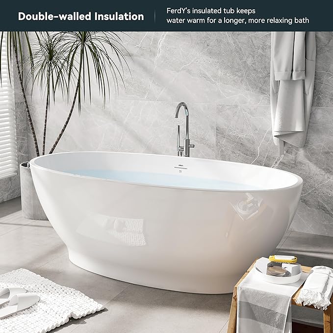 FerdY Koh Samui 65" Freestanding Bathtub, Elegant Oval Shape, Double Walled Insulation Bathtub with Center Polished White & Minimalist Linear Design Overflow