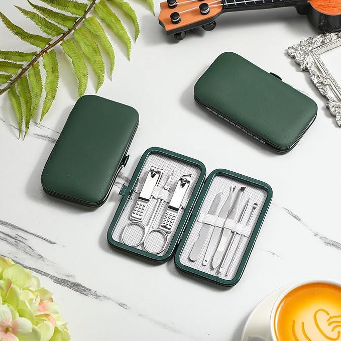 Lasnten 24 Set Manicure Set Bulk Nail Clippers Grooming Nail Kit Stainless Steel Professional Pedicure Kit Pedicure Tools with Travel Case Gifts for Men Women Personal(8 in 1,Dark Green)