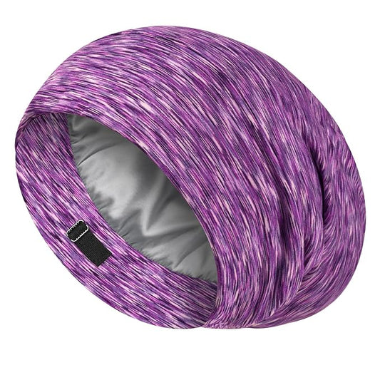 LULUSILK Mulberry Silk Lined Sleep Cap, No More Frizzy Tangled Hair, Stay On Silk Hair Wrap for Sleeping with Adjustable Strap, Silk Bonnet for Women and Men, Assorted Color Purple, Pack of 1