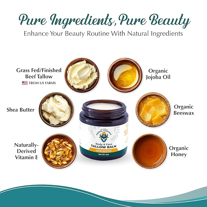 Dr. Dave's Primal Essence Grass Fed Beef Tallow Balm for Face and Body with Shea Butter, Organic Jojoba Oil, Honey, and Beeswax – Beef Tallow for Skin – Unscented Balm – 4 oz