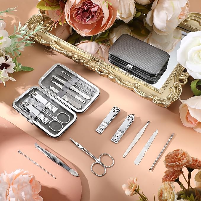 Geosar 50 Set Travel Manicure Kit Nail Clippers Pedicure Professional Nail Care Tools Stainless Steel Grooming Nail Set with Portable Travel Case Gifts for Family(Sliver)