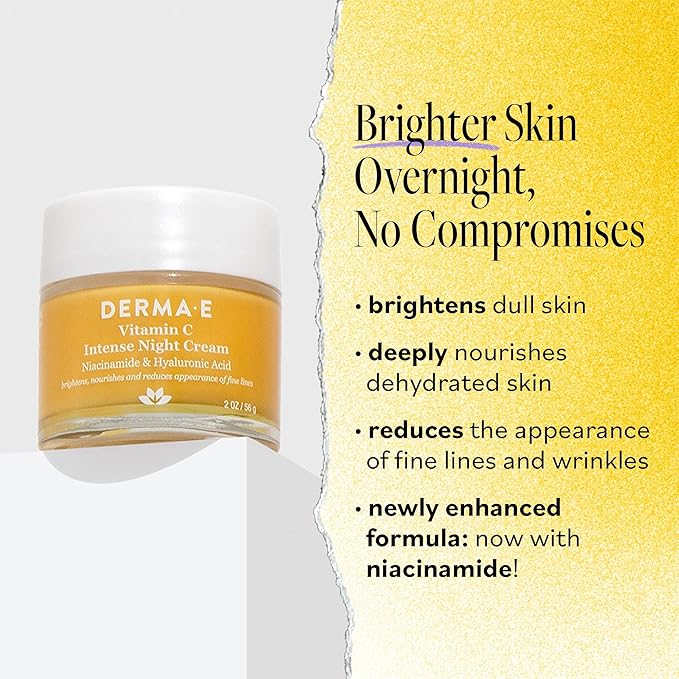 DERMA-E Vitamin C Intense Night Cream – Brightening and Hydrating Facial Skin Renewing Cream – Anti-Aging Overnight Facial Moisturizer, 2 oz