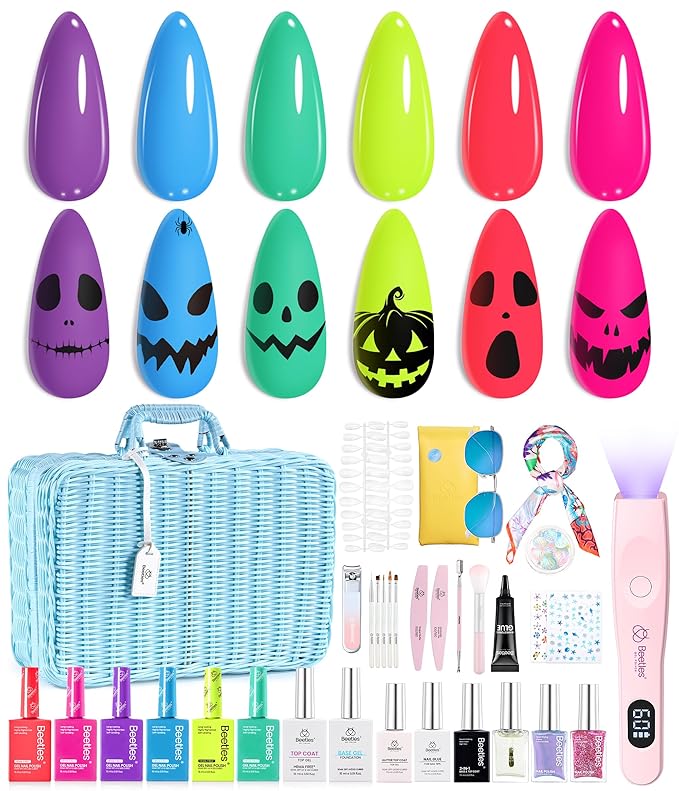 Beetles Halloween Gel Nail Polish Set with Mini LED Nail Lamp Purple Red Green Yellow Gel Polish with Base Top Coat Nail Art Brushes Salon DIY Gift Basket for Women
