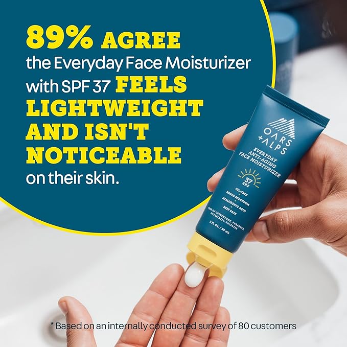 Oars + Alps Travel Sunscreen for Face & Everday Use, SPF 37 Anti Aging Face Sunscreen & Body Lotion, Infused with Hyaluronic Acid, Vitamin E and B5, No White Residue, Water & Sweat Resistant, 2oz