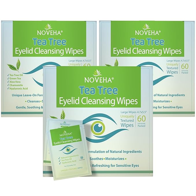 NOVEHA Tea Tree Oil Eyelid & Lash Wipes With Hyaluronic Acid, Green Tea & Chamomile For Blepharitis & Itchy Eyes, Individually Wrapped Eyelash Wipes Natural Makeup Remover & Daily Cleanser (Pack of 3)