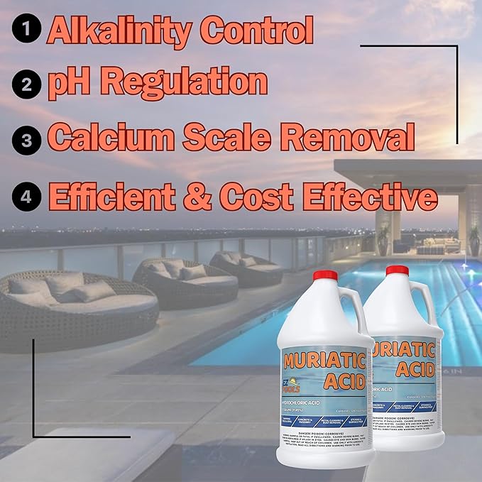 Muriatic Acid for Swimming Pools & Spas – Pack of 4 Gallons, Lowers pH, Muriatic Acid for Pools (HCL), pH Reducer for Water Balancing