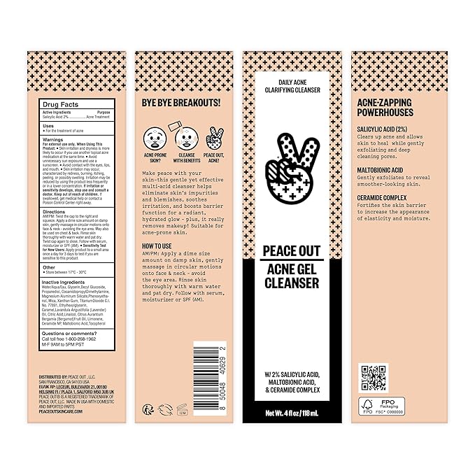 PEACE OUT Skincare Acne Gel Cleanser, Boost Skin Barrier and Help Diminish Blemishes, Daily Acne Face Wash with Salicylic Acid for Men and Women, 4 fl oz