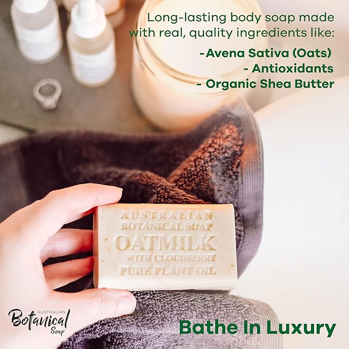 Australian Botanical Soap, 6.6 OZ, Oat Milk with Cloudberry, Triple Milled Bars made with a Natural Soap Base and Enriched with Organic Shea Butter, Pack of 8