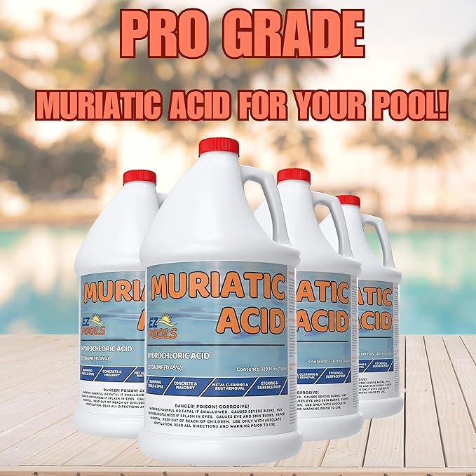 Muriatic Acid for Swimming Pools & Spas – Pack of 4 Gallons, Lowers pH, Muriatic Acid for Pools (HCL), pH Reducer for Water Balancing