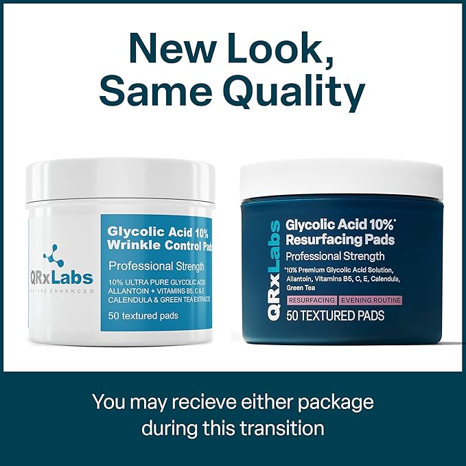 QRxLabs Glycolic Acid - Resurfacing Peel Pads - 50-Count Jar - Exfoliating Face Pads With Vitamins B5, C & E & Green Tea Extract - Calendula & Alcohol-Free Rinse-Free