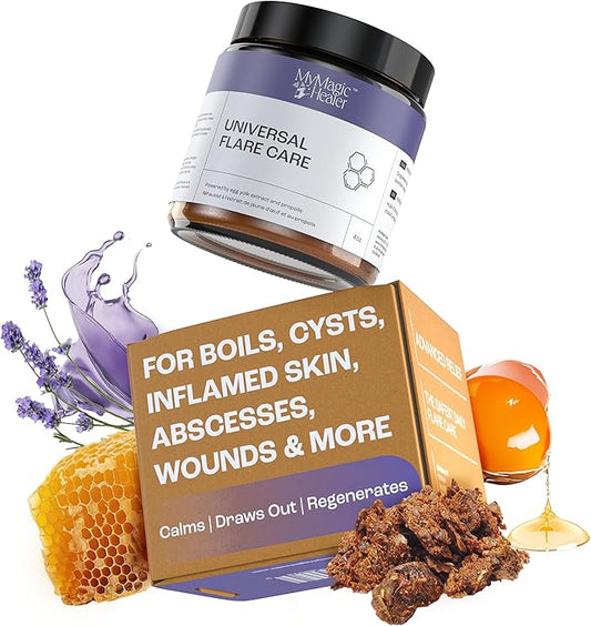 Universal Flare Care | Drawing Salve for HS, Boils, Cysts, Hemorrhoids, Pilonidal Cyst, Abscess | Anti-Chafing, Wound Care, Relief for Itching Skin w/Propolis & Egg Yolk Extract 4 oz