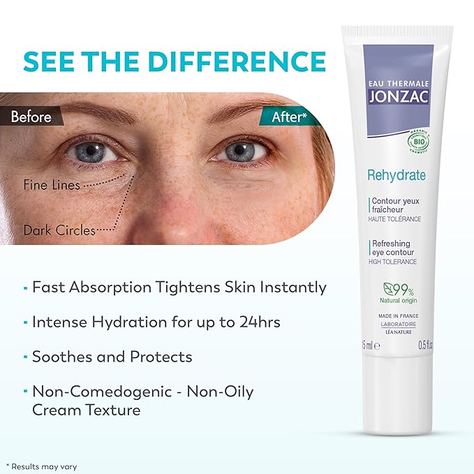 Rehydrate Organic Refreshing Eye Contour Cream - Soothing Hydration with Hyaluronic Acid For Dark Circles -For Sensitive Skin 0.5 Fl Oz