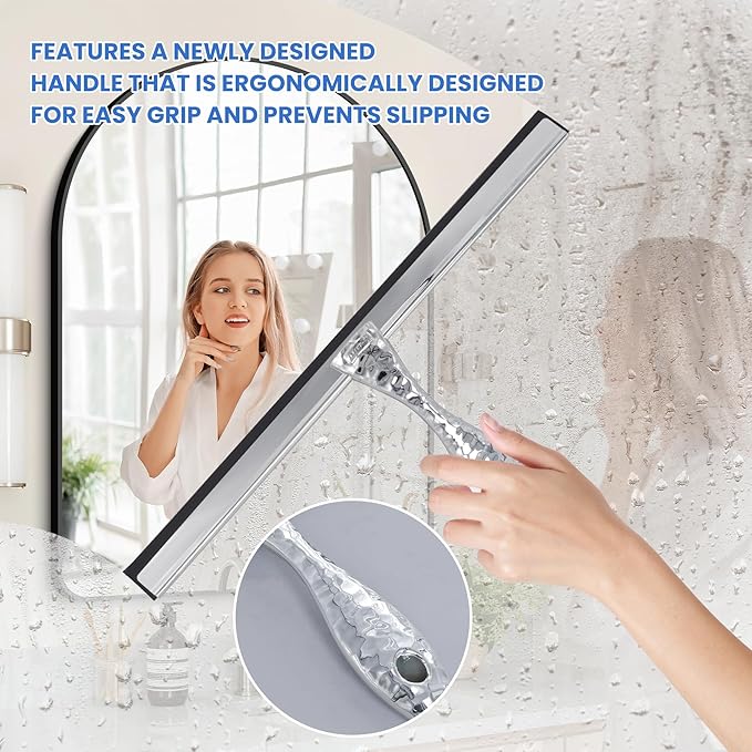 10 inch Shower Squeegee with 2 Hooks & Mini Scraper, Stainless Steel Glass Squeegee with Non-Slip Hammered Handle, Silicone Bathroom Wiper for Mirror, Tile, Window Cleaning Accessories