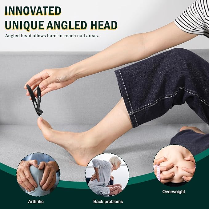 FVION 1Pcs Angled Head Nail Clippers for Seniors, Ergonomic Toenail Clipper for Thick Nails Trimming, Stainless Steel Nail Cutter Trimmer with Catcher for Men and Women (Black)