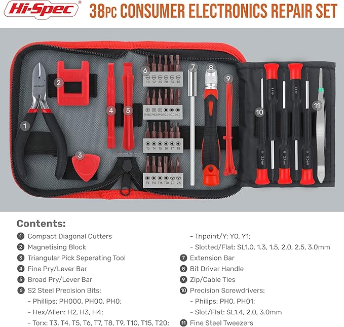 Hi-Spec 38pcs Electronics Repair Tool Kit, Precision Screwdriver Set Magnetic, Computer Screwdriver Kit, PC Building Tool Kit for Laptop, Tablet, DIY and Repair work