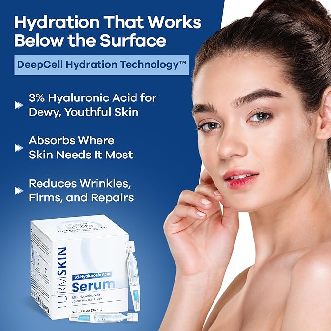 TURMSKIN® Hyaluronic Acid Serum Ampoules [ULTRA HYDRATING VIALS] - 3% Hyaluron Booster for Glass Skin & Anti Aging - 24 Hours Hydration - Soft PE Triple Hyaluronic Complex for Faceskin Repair & Renew