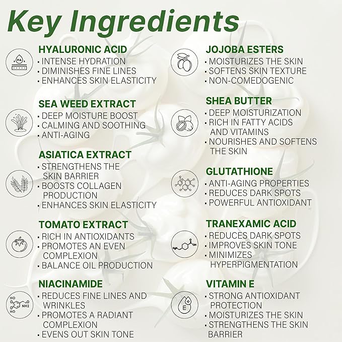 BICHE Dermatologist Formulated White Tomato Cream with Niacinamide, Tranexamic Acid, Glutathione Face Cream 50ml - Anti-Aging, Dark Spot Corrector, 100hrs Deep Hydration