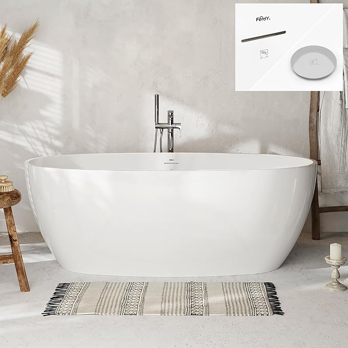 FerdY Tahiti 67" Freestanding Bathtub Elegant Oval Shape, Glossy White Double Walled Insulation bathtub with Center Polished Chrome Drain, UPC Certified -02119