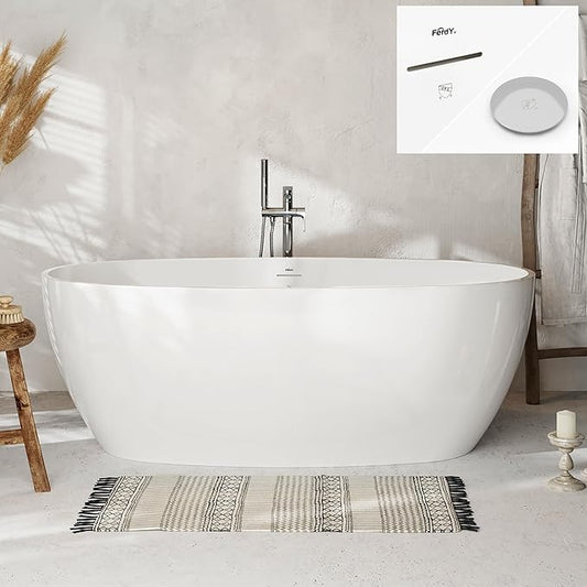 FerdY Tahiti 67" Freestanding Bathtub Elegant Oval Shape, Glossy White Double Walled Insulation bathtub with Center Polished Chrome Drain, UPC Certified -02119