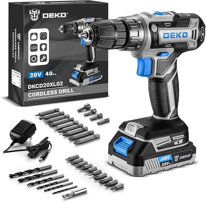 DEKO PRO Cordless Drill 20V Electric Power Tool Set for Women With Battery and Charger - Drill Driver Kit Blue