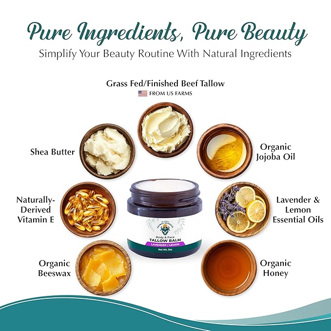 Dr. Dave's Primal Essence Grass Fed Beef Tallow Balm for Face and Body with Shea Butter, Organic Jojoba Oil, Honey, and Beeswax – Beef Tallow for Skin – Lavender and Lemon – 2 oz