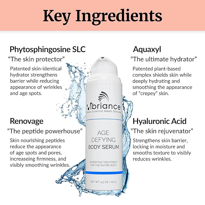 Vibriance Age Defying Body Serum, 4.5 fl oz - Anti Aging and Ultra Hydrating - Infused with Hyaluronic Acid - Fast-Absorbing Crepey Skin Corrector for Wrinkles, Dryness