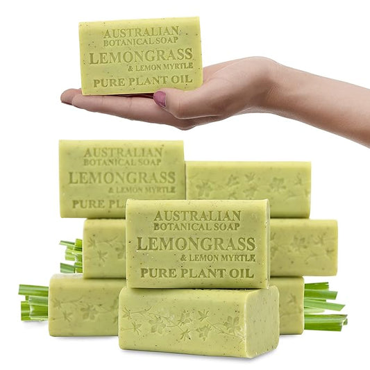 Australian Botanical Soap, 6.6 OZ, Lemongrass and Lemon Myrtle, Triple Milled Bars made with a Natural Soap Base and Enriched with Organic Shea Butter, Pack of 8