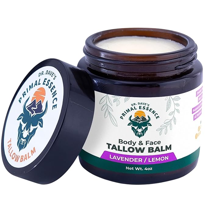 Dr. Dave's Primal Essence Grass Fed Beef Tallow Balm for Face and Body with Shea Butter, Organic Jojoba Oil, Honey, and Beeswax – Beef Tallow for Skin – Lavender and Lemon – 4 oz