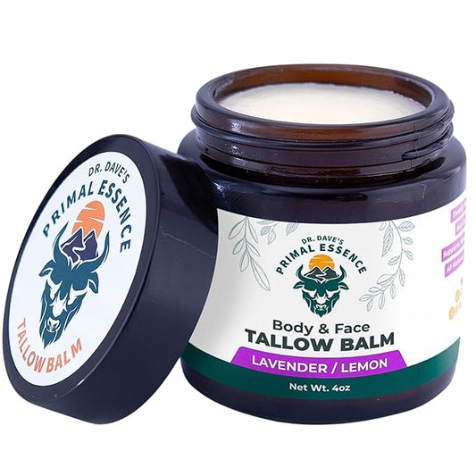 Dr. Dave's Primal Essence Grass Fed Beef Tallow Balm for Face and Body with Shea Butter, Organic Jojoba Oil, Honey, and Beeswax – Beef Tallow for Skin – Lavender and Lemon – 4 oz