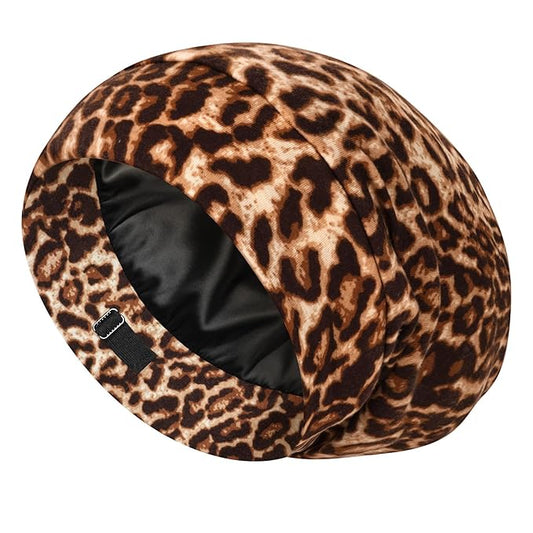 LULUSILK 100% Mulberry Silk Bonnet for Sleeping, No More Frizzy Tangled Hair, Stay On All Night Adjustable Silk Night Cap for Sleeping, Brown Leopard, Pack of 1