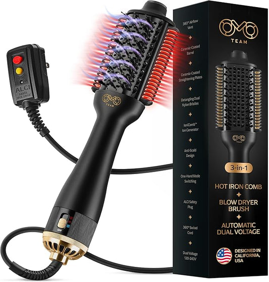 Blowout Brush Hair Dryer, 4-in-1 Blow Drying Brush, Authomatic Dual Voltage, Ionic Hair Straightener w/No Heat Damage, Light 1.3 lb Blowout Tool, Blow Dryer Curling Wand, Hot Air Styler for All Types