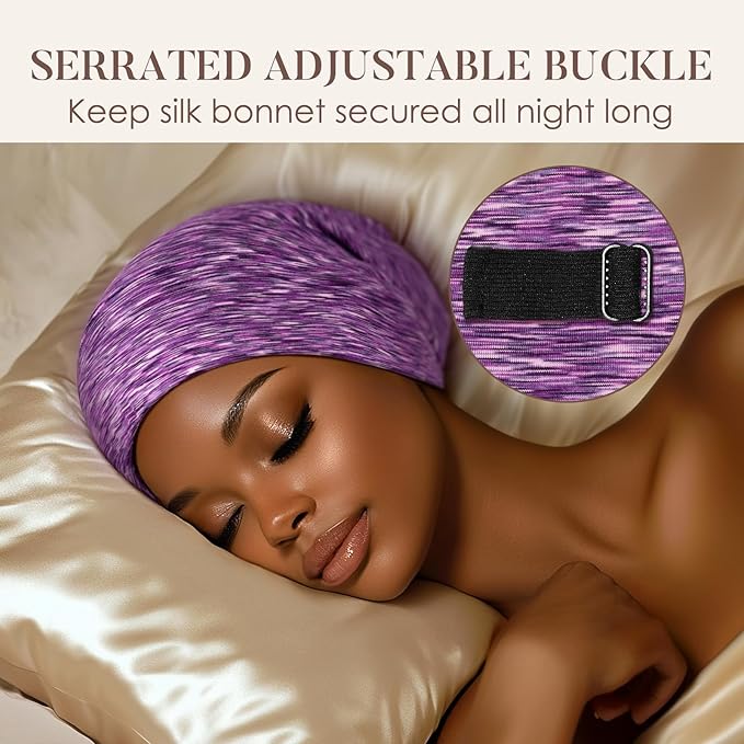 LULUSILK Mulberry Silk Lined Sleep Cap, No More Frizzy Tangled Hair, Stay On Silk Hair Wrap for Sleeping with Adjustable Strap, Silk Bonnet for Women and Men, Assorted Color Purple, Pack of 1