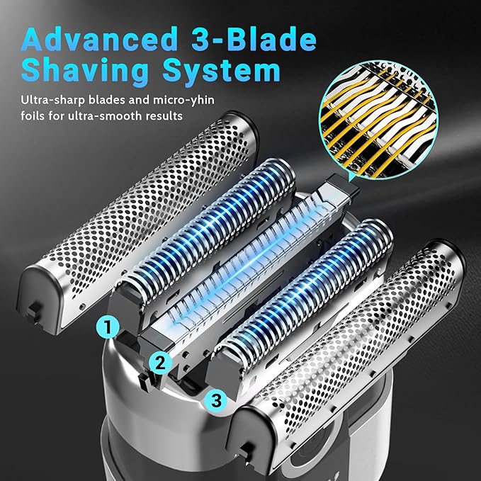 Electric Foil Shavers for Men: Mini Electric Razor, Foil Shaver for Face, IPX7 Waterproof Wet Dry Cordless Razor with 3 Floating Blades, LED Display, USB-C Fast Rechargeable for Travel & Home